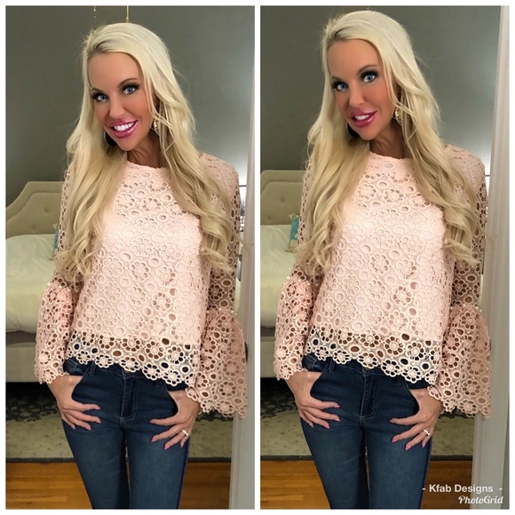 🥰LAST 1! Blush Bell Sleeve Crochet Overlay Top! - Picture 2 of 6